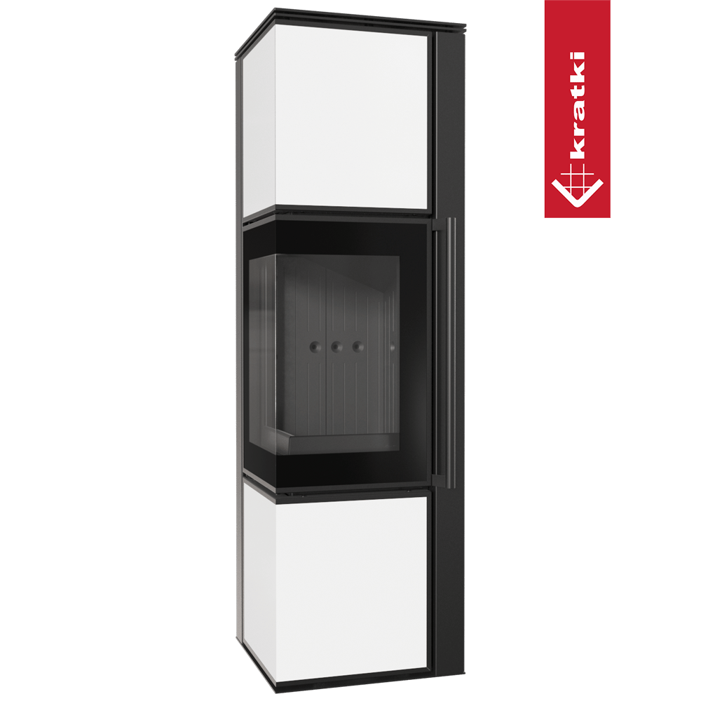 Kaminofen aus Stahl KRATKI TORA/M 8 kW Ø 150 Weißes Glaspaneel schwarz Verkleidung mit Türfeder