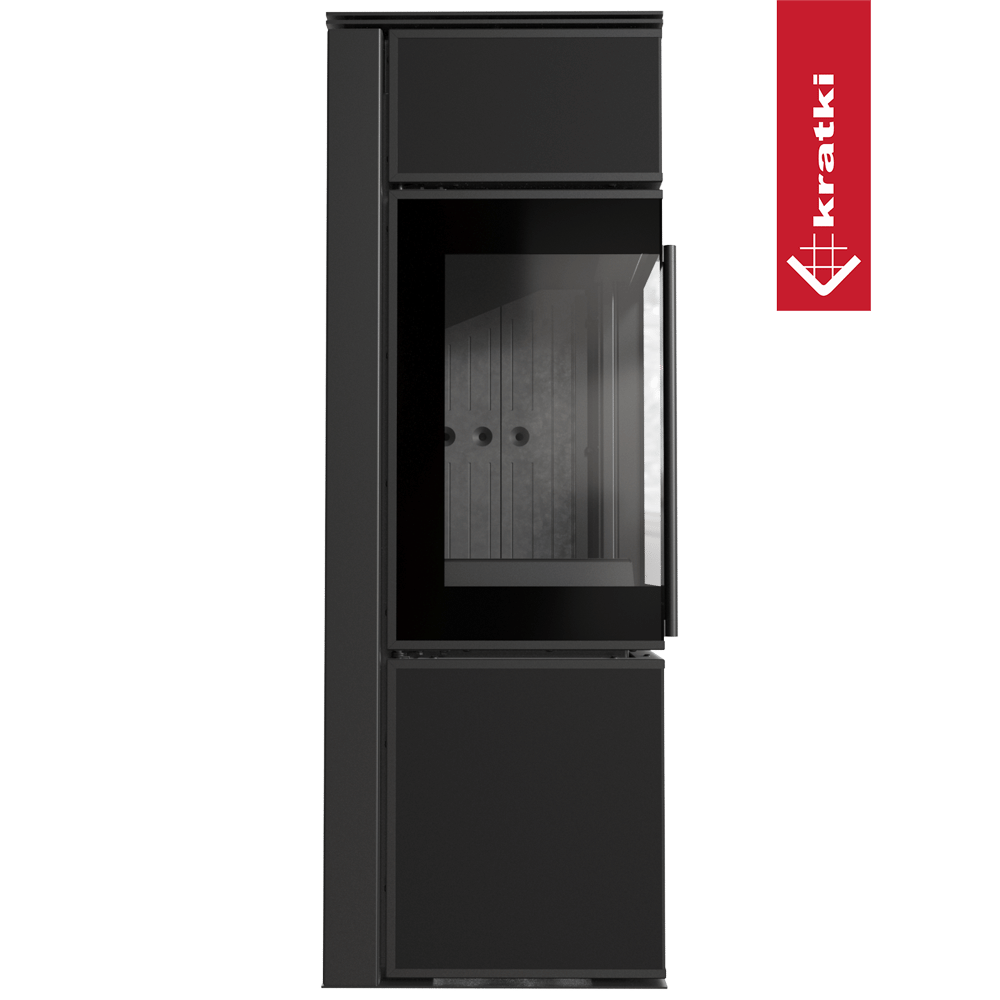 Kaminofen aus Stahl KRATKI TORA/S 8 kW Ø 150 Quarzsinter Nero Assoluto schwarz Verkleidung mit Türfeder