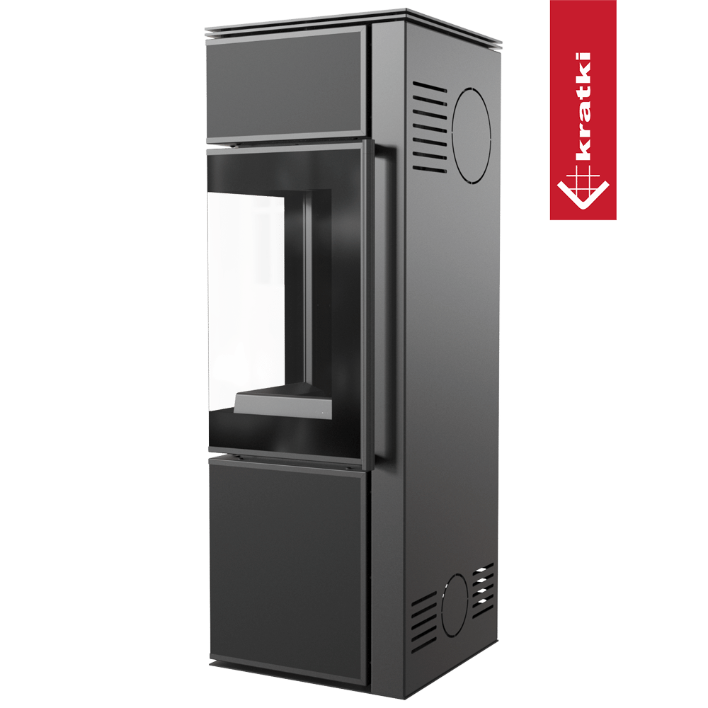 Kaminofen aus Stahl KRATKI TORA/S 8 kW Ø 150 Quarzsinter Nero Assoluto schwarz Verkleidung mit Türfeder