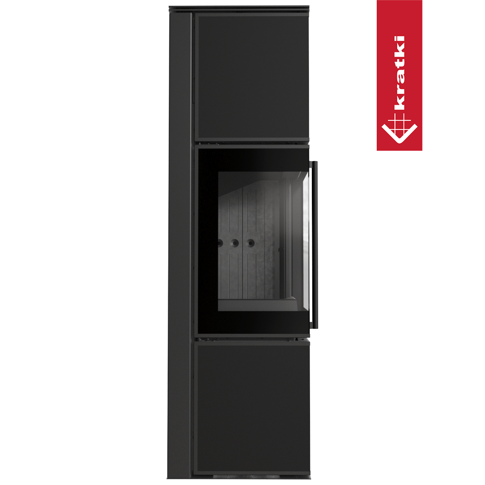 Kaminofen aus Stahl KRATKI TORA/M 8 kW Ø 150 Quarzsinter Nero Assoluto schwarz Verkleidung mit Türfeder