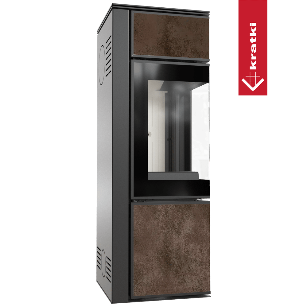 Kaminofen aus Stahl KRATKI TORA/S 8 kW Ø 150 Quarzsinter OXIDE MORO mit Türfeder
