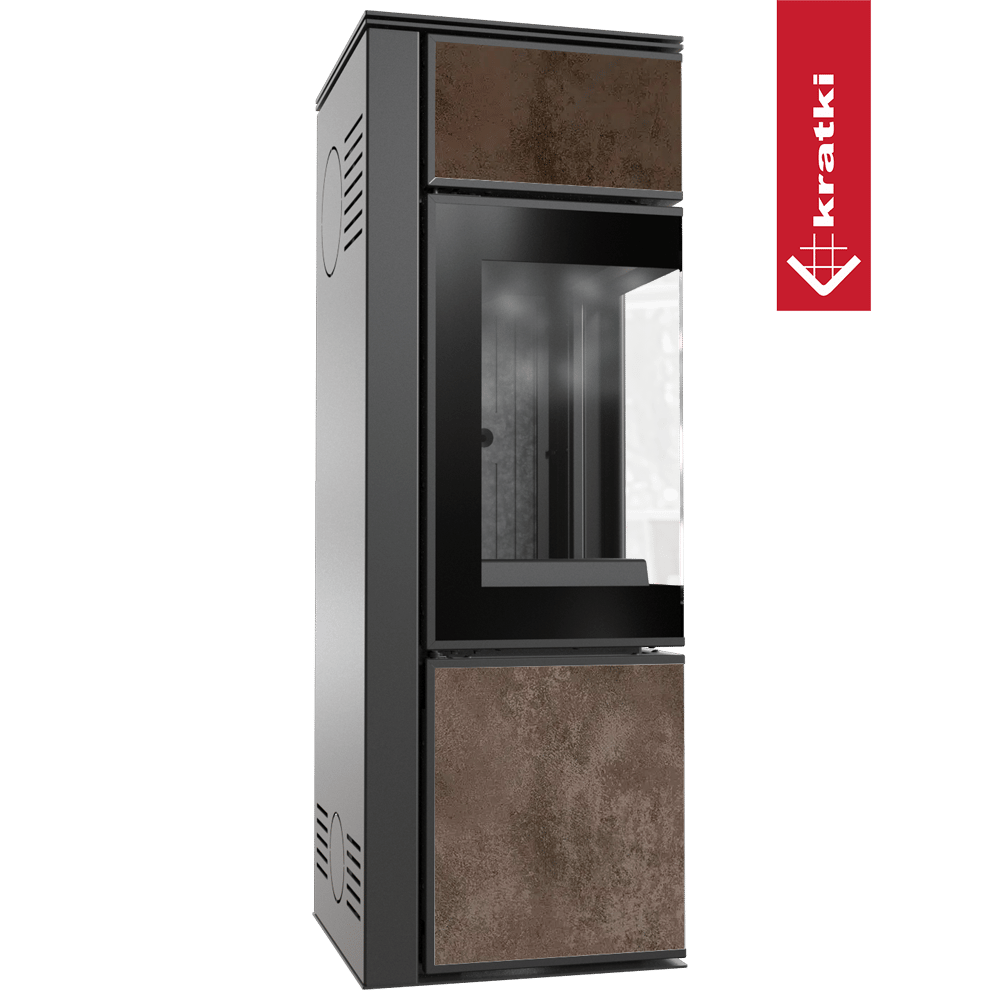 Kaminofen aus Stahl KRATKI TORA/S 8 kW Ø 150 Quarzsinter OXIDE MORO schwarz Verkleidung