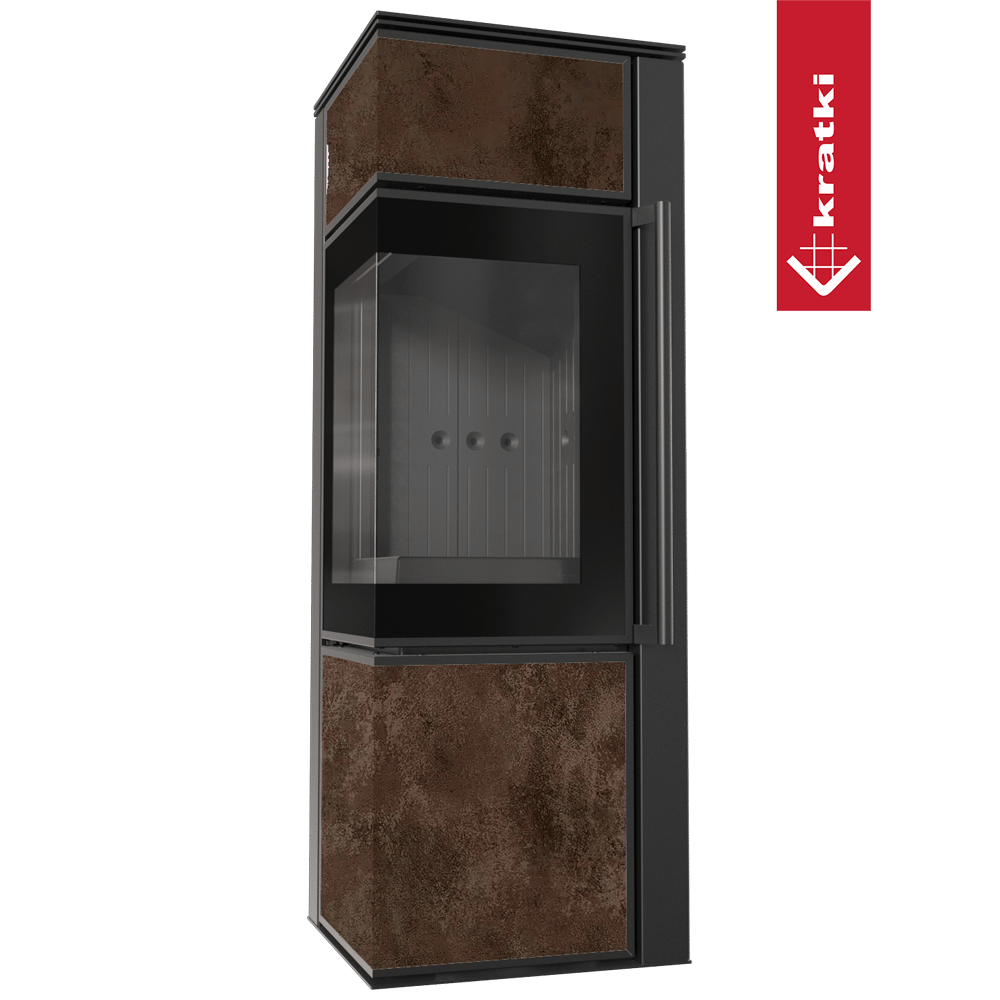 Kaminofen aus Stahl KRATKI TORA/S 8 kW Ø 150 Quarzsinter OXIDE MORO schwarz Verkleidung mit Türfeder
