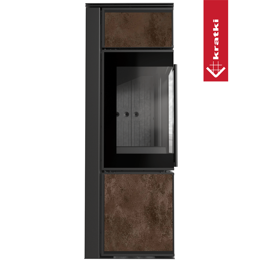 Kaminofen aus Stahl KRATKI TORA/S 8 kW Ø 150 Quarzsinter OXIDE MORO schwarz Verkleidung mit Türfeder