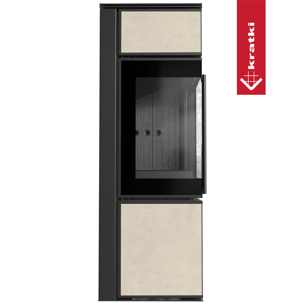 Kaminofen aus Stahl KRATKI TORA/S 8 kW Ø 150 Quarzsinter FOKOS SALE schwarz Verkleidung mit Türfeder
