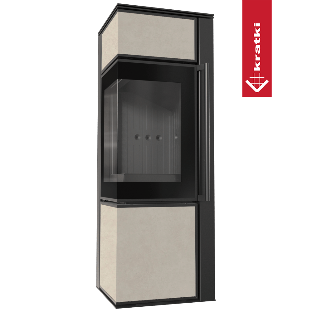 Kaminofen aus Stahl KRATKI TORA/S 8 kW Ø 150 Quarzsinter FOKOS SALE schwarz Verkleidung mit Türfeder