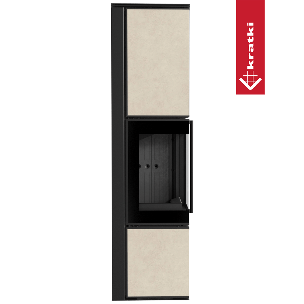 Kaminofen aus Stahl KRATKI TORA/L 8 kW Ø 150 Quarzsinter FOKOS SALE schwarz Verkleidung mit Türfeder
