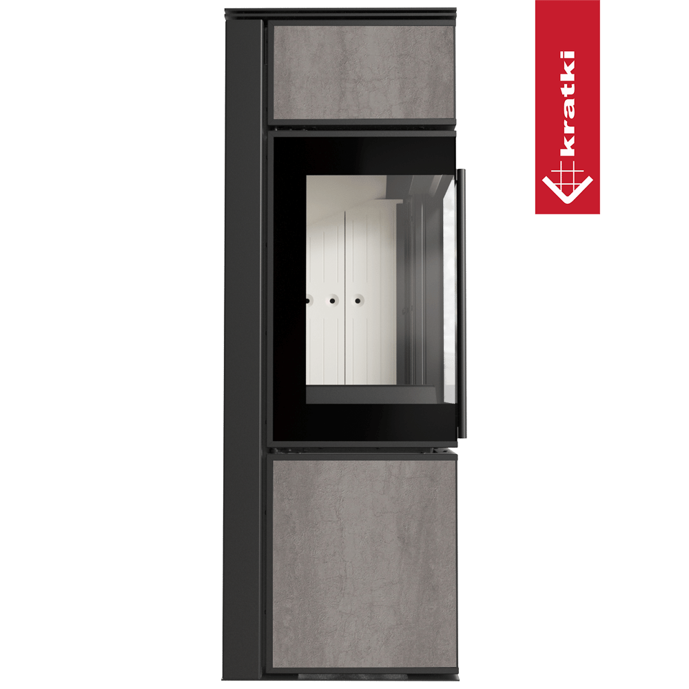 Kaminofen aus Stahl KRATKI TORA/S 8 kW Ø 150 Quarzsinter NATURALI PIETRA DI SAVOIA GRIGIA BOCCIARDATA