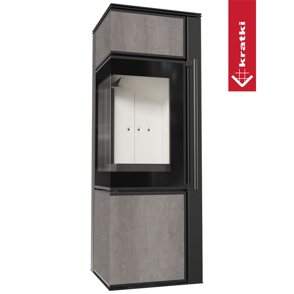 Kaminofen aus Stahl KRATKI TORA/S 8 kW Ø 150 Quarzsinter NATURALI PIETRA DI SAVOIA GRIGIA BOCCIARDATA