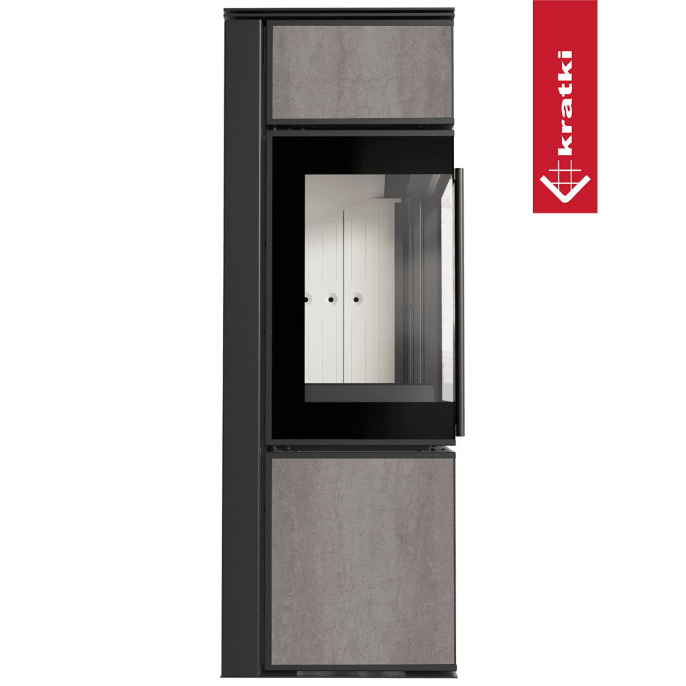 Kaminofen aus Stahl KRATKI TORA/S 8 kW Ø 150 Quarzsinter NATURALI PIETRA DI SAVOIA GRIGIA BOCCIARDATA mit Türfeder