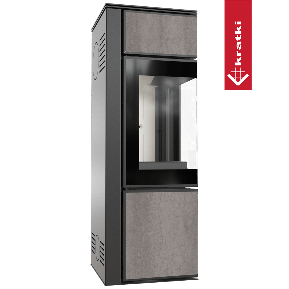 Kaminofen aus Stahl KRATKI TORA/S 8 kW Ø 150 Quarzsinter NATURALI PIETRA DI SAVOIA GRIGIA BOCCIARDATA mit Türfeder