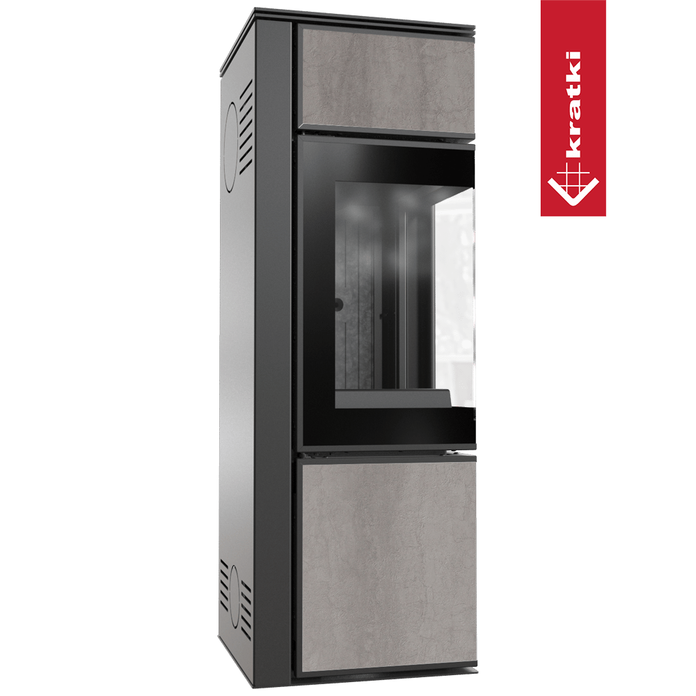 Kaminofen aus Stahl KRATKI TORA/S 8 kW Ø 150 Quarzsinter NATURALI PIETRA DI SAVOIA GRIGIA BOCCIARDATA schwarz Verkleidung mit Türfeder