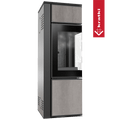 Kaminofen aus Stahl KRATKI TORA/S 8 kW Ø 150 Quarzsinter NATURALI PIETRA DI SAVOIA GRIGIA BOCCIARDATA schwarz Verkleidung mit Türfeder