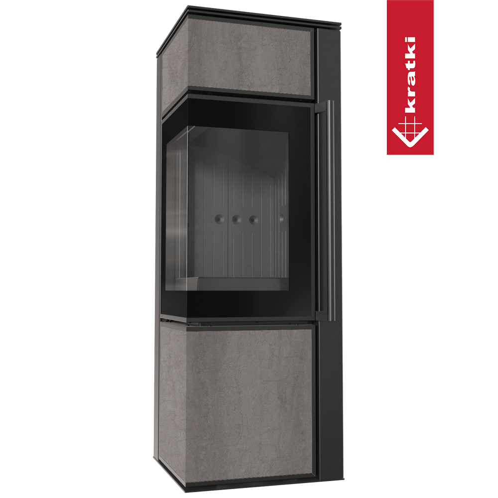 Kaminofen aus Stahl KRATKI TORA/S 8 kW Ø 150 Quarzsinter NATURALI PIETRA DI SAVOIA GRIGIA BOCCIARDATA schwarz Verkleidung mit Türfeder