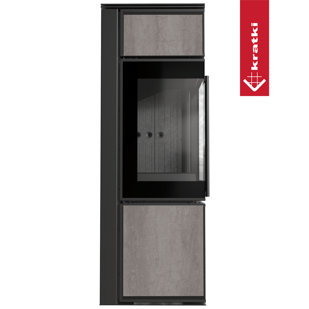 Kaminofen aus Stahl KRATKI TORA/S 8 kW Ø 150 Quarzsinter NATURALI PIETRA DI SAVOIA GRIGIA BOCCIARDATA schwarz Verkleidung mit Türfeder