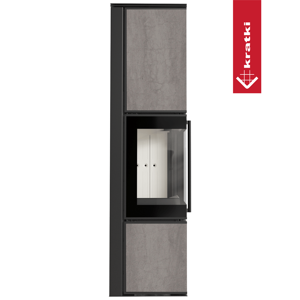 Kaminofen aus Stahl KRATKI TORA/L 8 kW Ø 150 Quarzsinter NATURALI PIETRA DI SAVOIA GRIGIA BOCCIARDATA