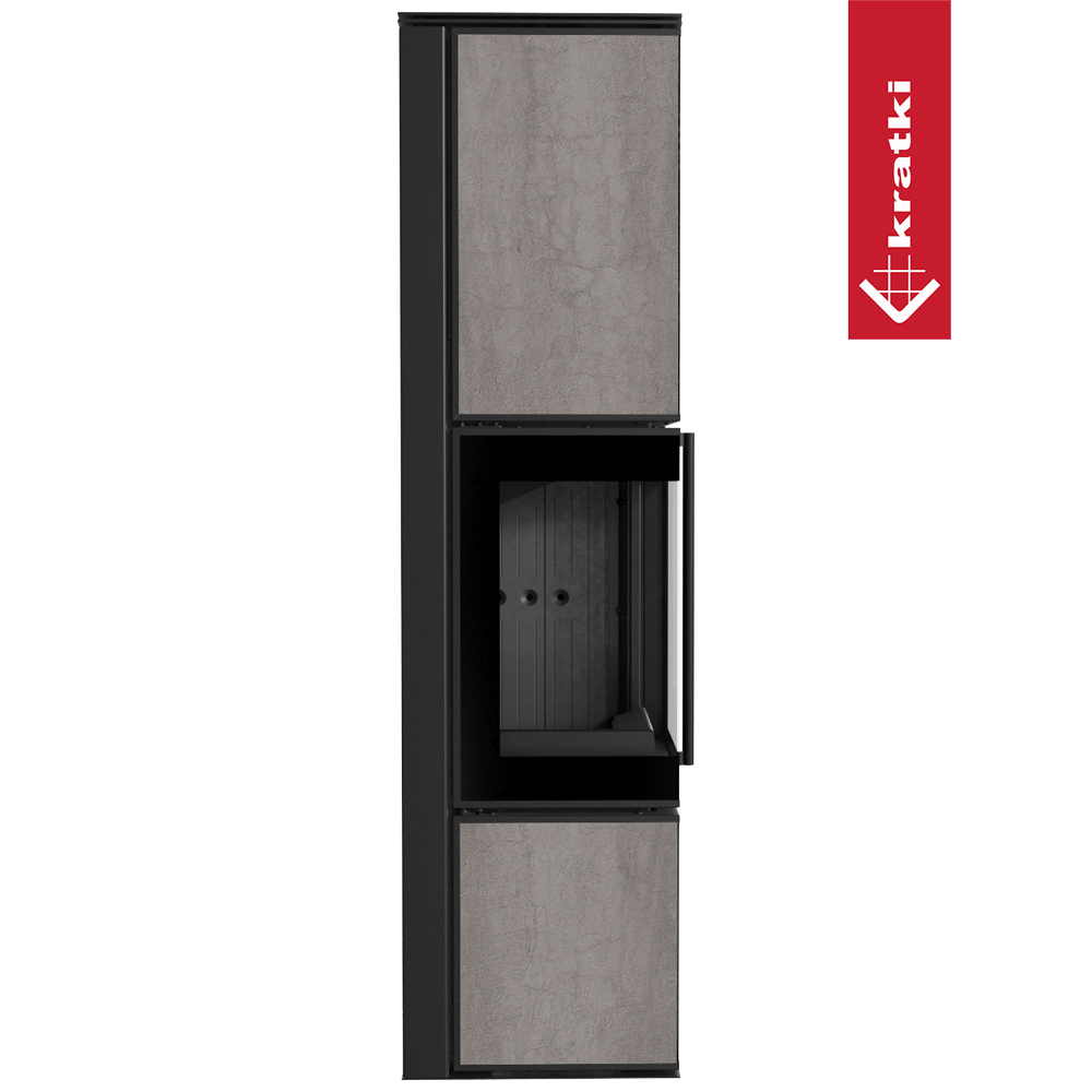 Kaminofen aus Stahl KRATKI TORA/L 8 kW Ø 150 Quarzsinter NATURALI PIETRA DI SAVOIA GRIGIA BOCCIARDATA schwarz Verkleidung mit Türfeder