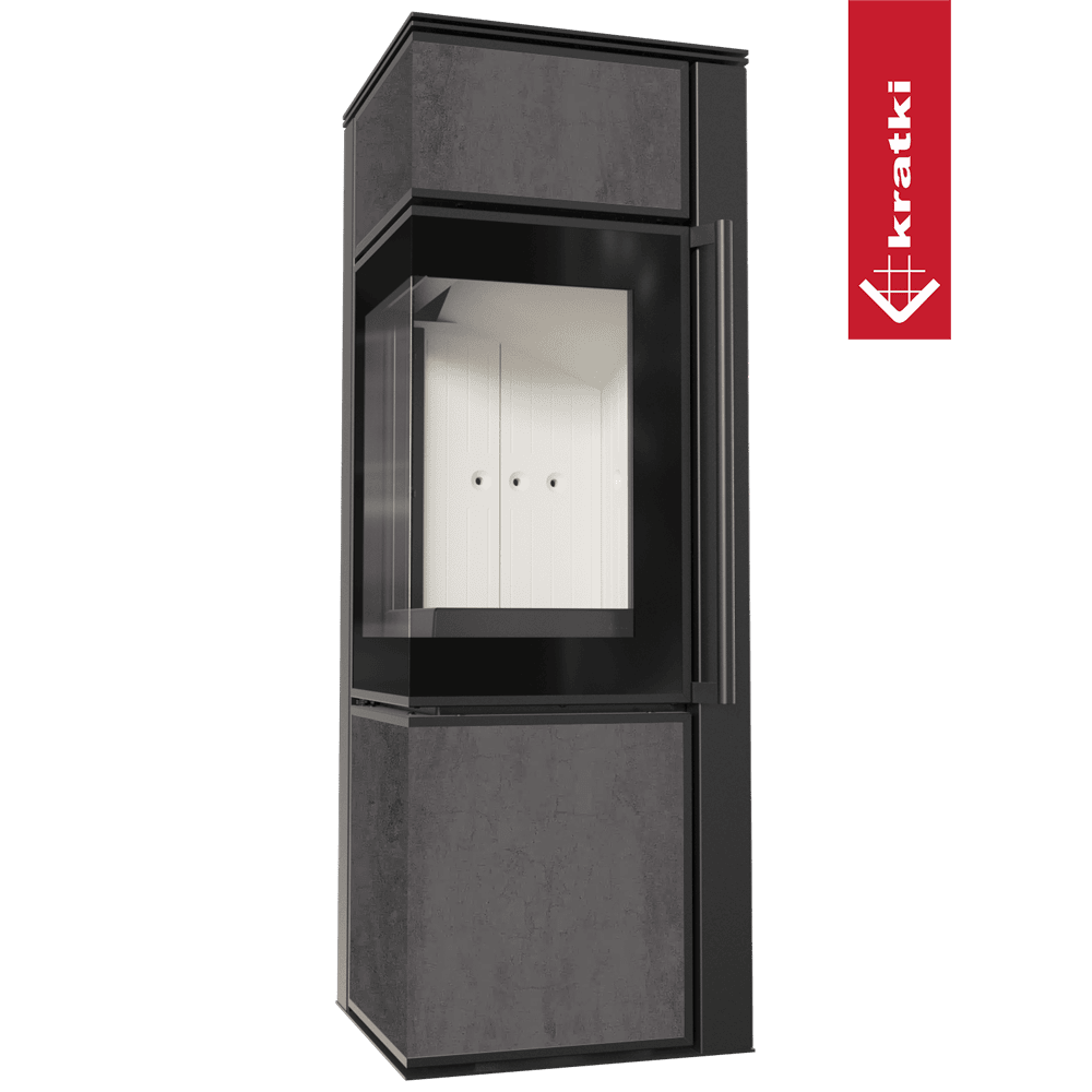 Kaminofen aus Stahl KRATKI TORA/S 8 kW Ø 150 Quarzsinter NATURALI PIETRA DI SAVOIA ANTRANCITE BOCCIARDATA mit Türfeder