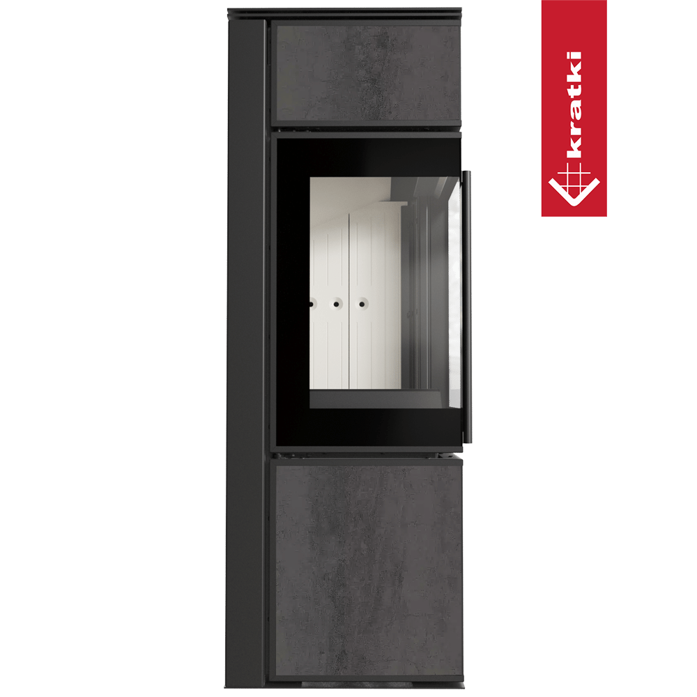 Kaminofen aus Stahl KRATKI TORA/S 8 kW Ø 150 Quarzsinter NATURALI PIETRA DI SAVOIA ANTRANCITE BOCCIARDATA mit Türfeder