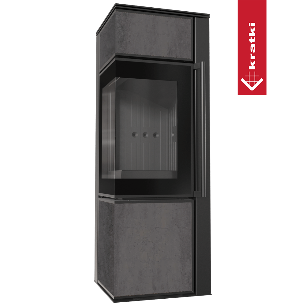 Kaminofen aus Stahl KRATKI TORA/S 8 kW Ø 150 Quarzsinter NATURALI PIETRA DI SAVOIA ANTRANCITE BOCCIARDATA schwarz Verkleidung