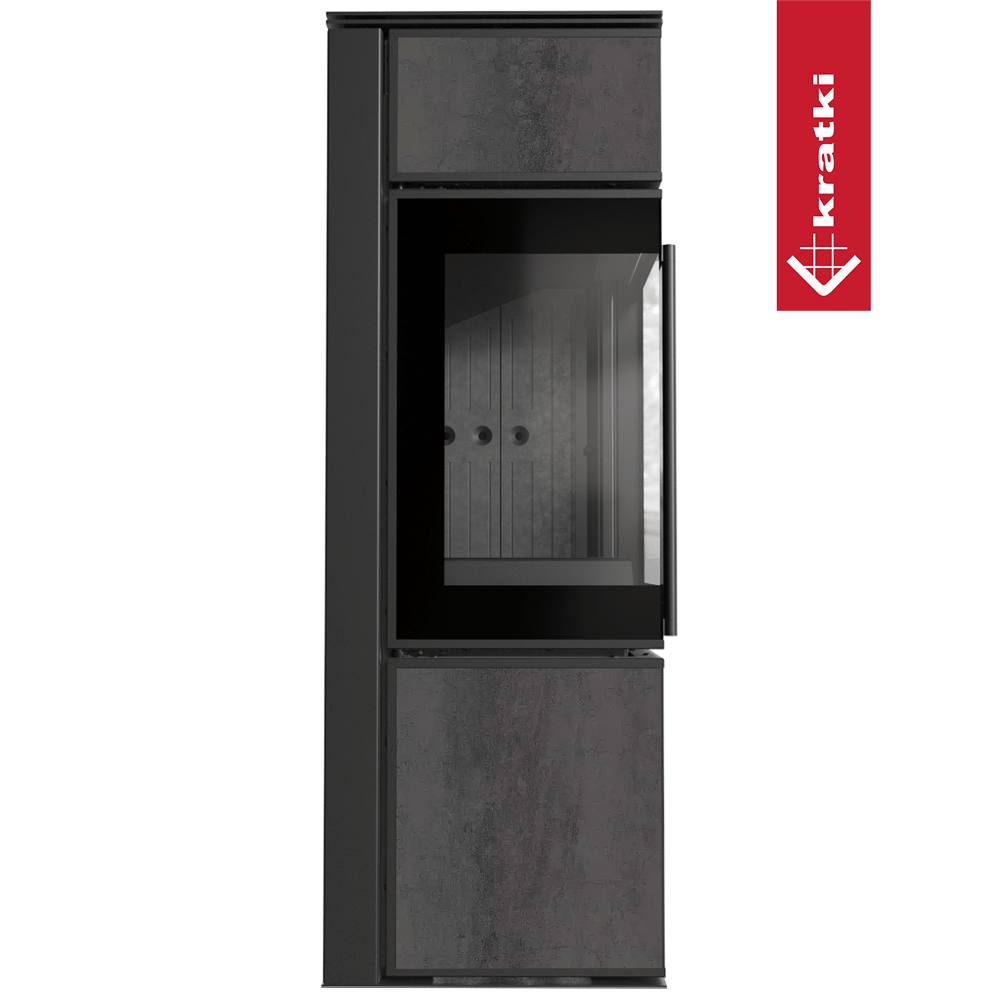 Kaminofen aus Stahl KRATKI TORA/S 8 kW Ø 150 Quarzsinter NATURALI PIETRA DI SAVOIA ANTRANCITE BOCCIARDATA schwarz Verkleidung mit Türfeder