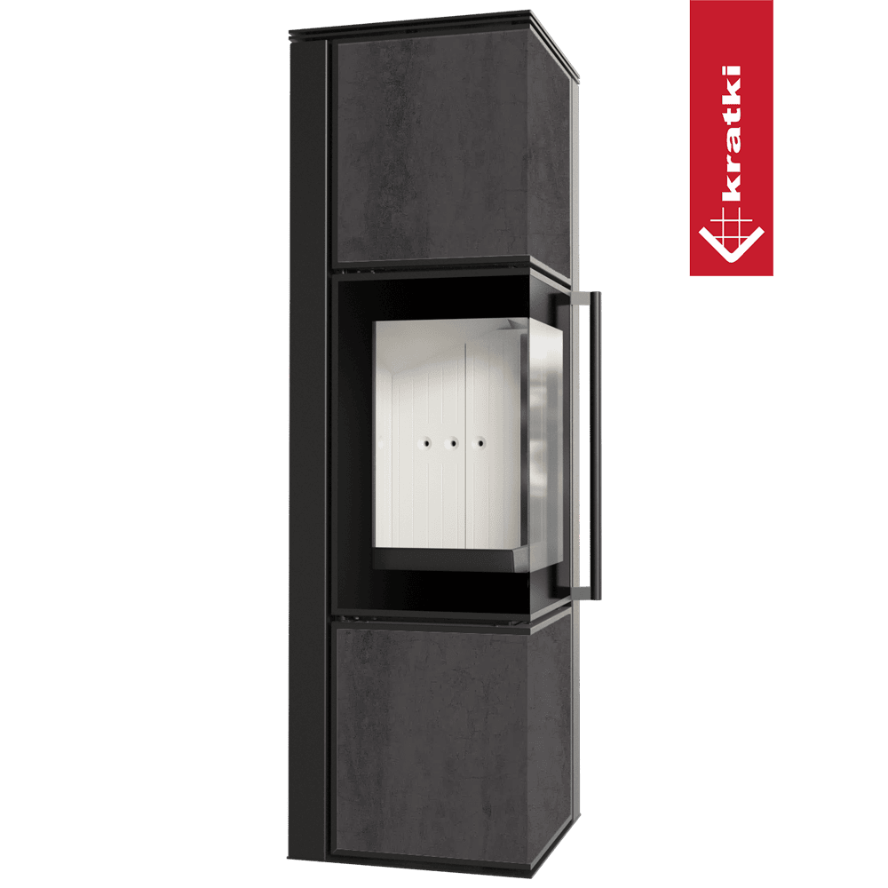 Kaminofen aus Stahl KRATKI TORA/M 8 kW Ø 150 Quarzsinter NATURALI PIETRA DI SAVOIA ANTRANCITE BOCCIARDATA