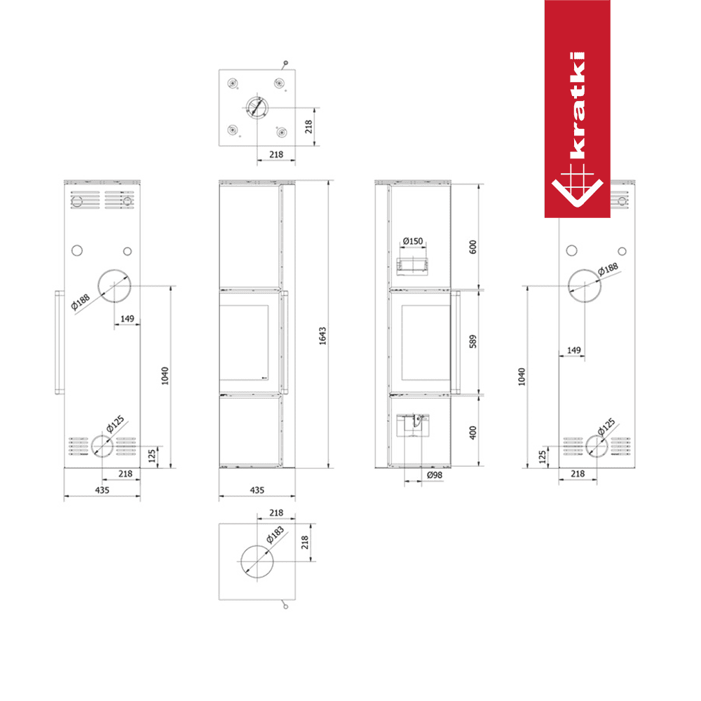 Kaminofen aus Stahl KRATKI TORA/L 8 kW Ø 150 Quarzsinter NATURALI PIETRA DI SAVOIA ANTRANCITE BOCCIARDATA
