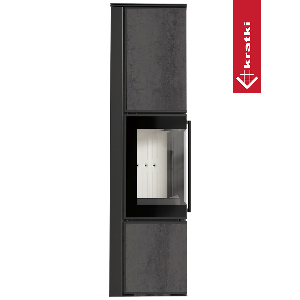 Kaminofen aus Stahl KRATKI TORA/L 8 kW Ø 150 Quarzsinter NATURALI PIETRA DI SAVOIA ANTRANCITE BOCCIARDATA mit Türfeder