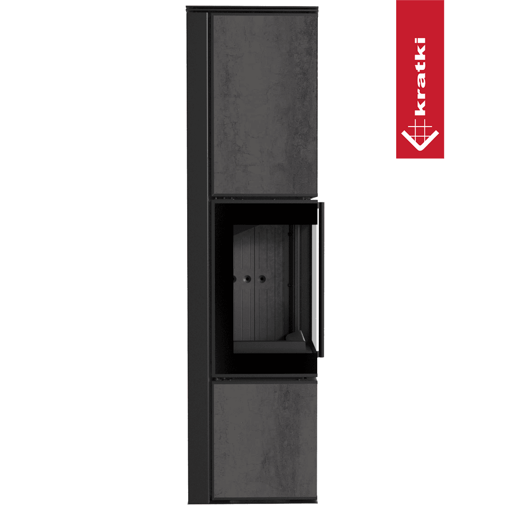 Kaminofen aus Stahl KRATKI TORA/L 8 kW Ø 150 Quarzsinter NATURALI PIETRA DI SAVOIA ANTRANCITE BOCCIARDATA schwarz Verkleidung