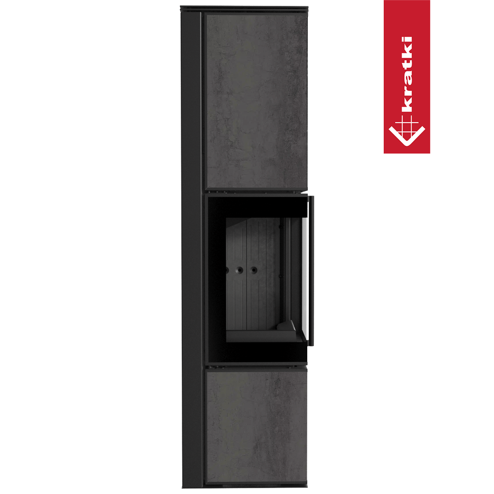 Kaminofen aus Stahl KRATKI TORA/L 8 kW Ø 150 Quarzsinter NATURALI PIETRA DI SAVOIA ANTRANCITE BOCCIARDATA schwarz Verkleidung mit Türfeder