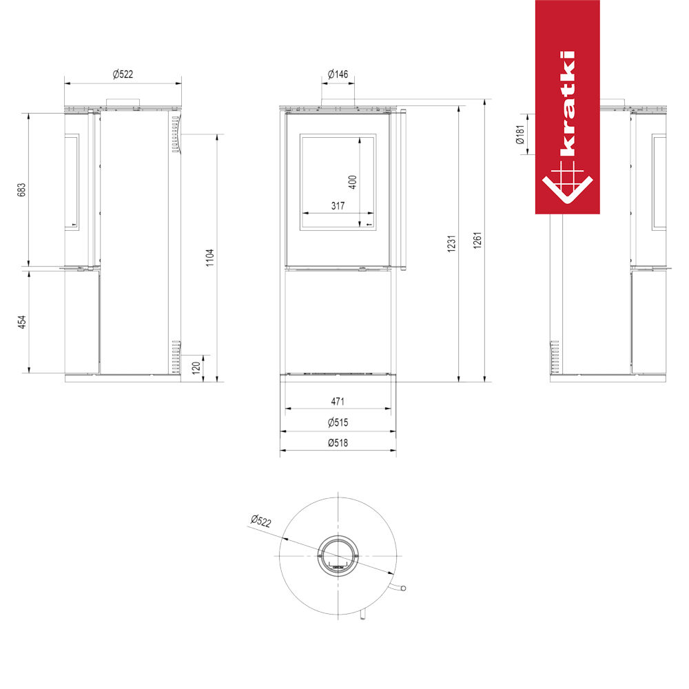 Kaminofen aus Stahl KRATKI SVEN Ø 150 7 kW schwarz Verkleidung mit Türfeder