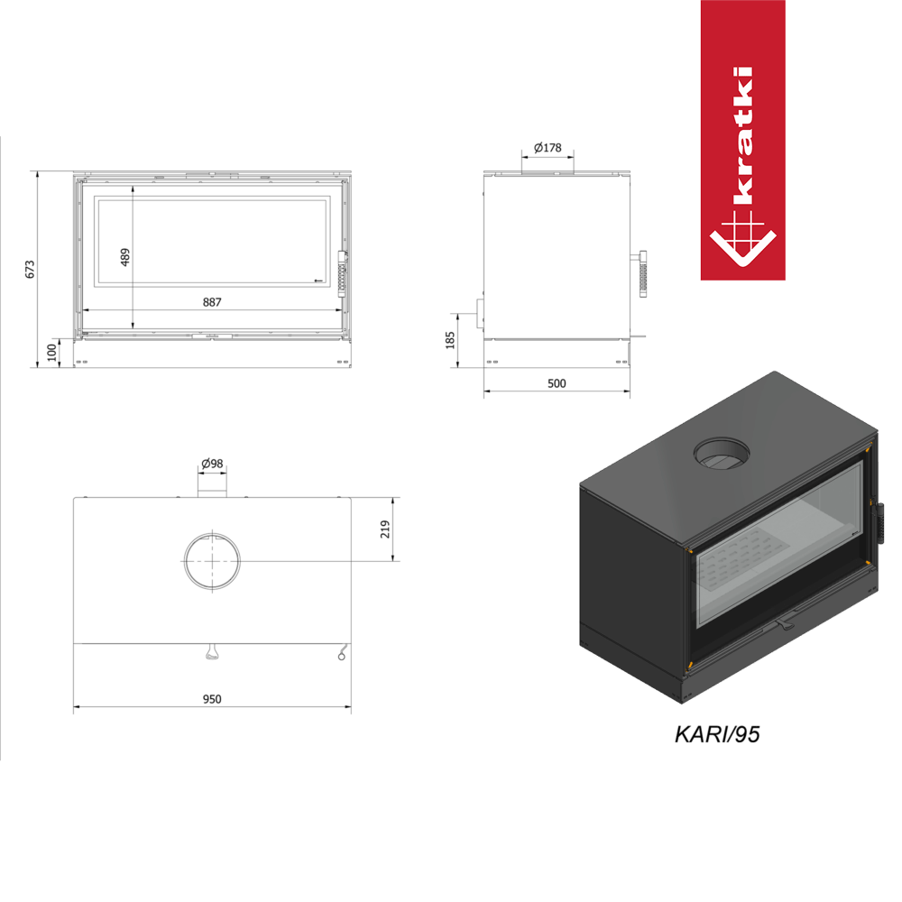 Kaminofen aus Stahl KRATKI KARI 95 Ø 180 14 kW schwarz Verkleidung
