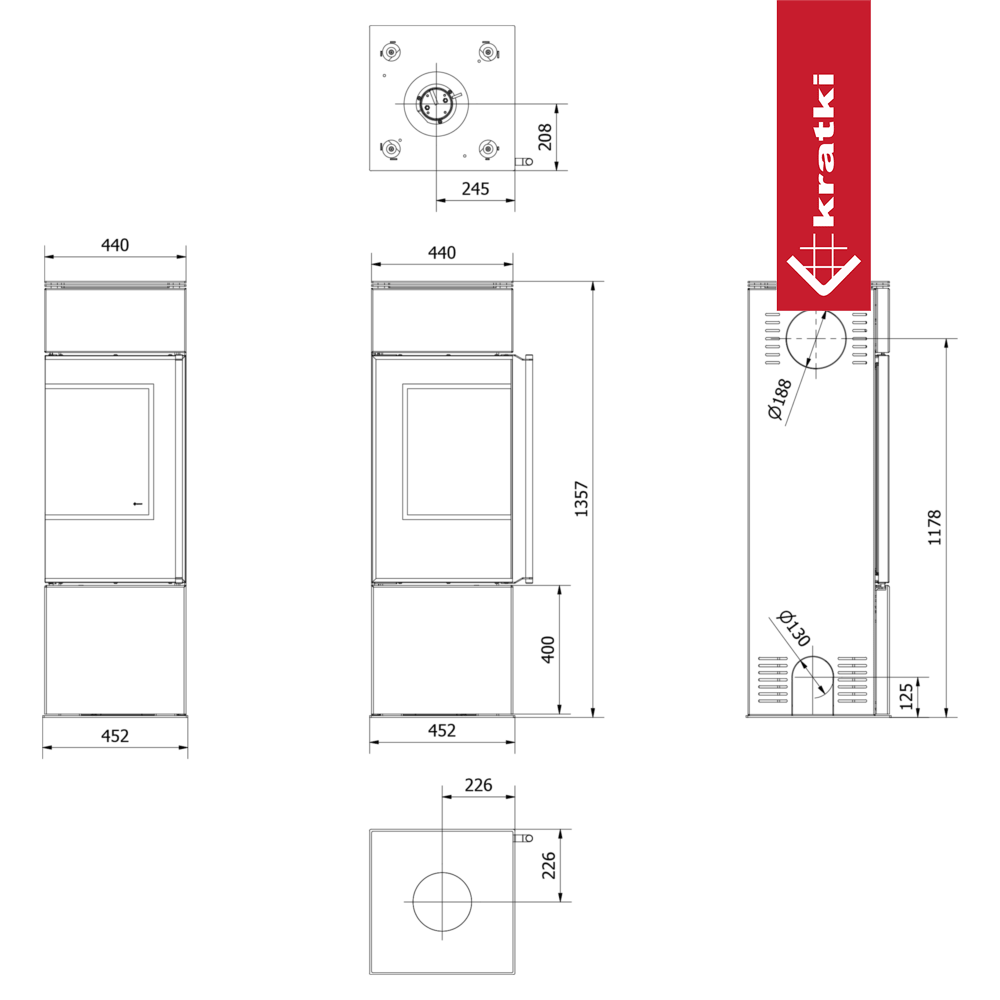 Kaminofen aus Stahl KRATKI REN/S links Ø 150 7 kW schwarz Verkleidung mit Türfeder