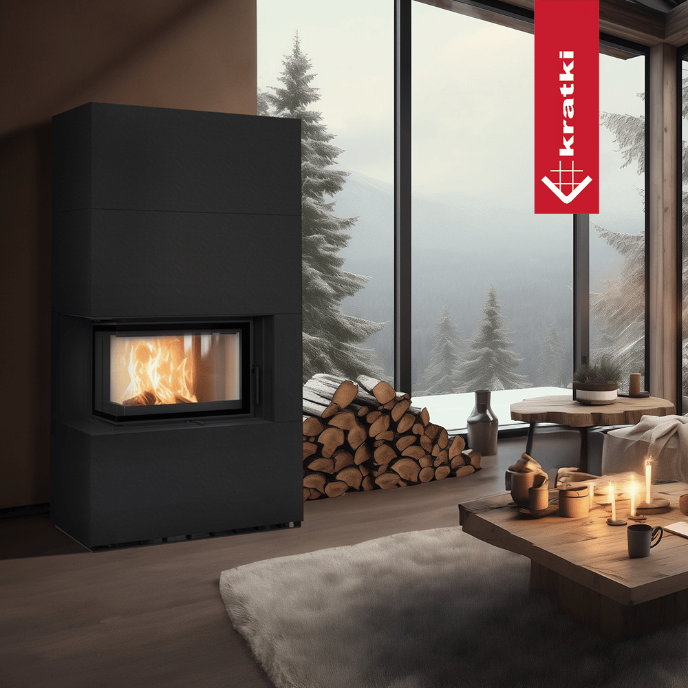 Kaminbausatz KRATKI FLOKI BOX links 8 kW Ø 160 Quarzsinter NERO ASSOLUTO mit Türfeder