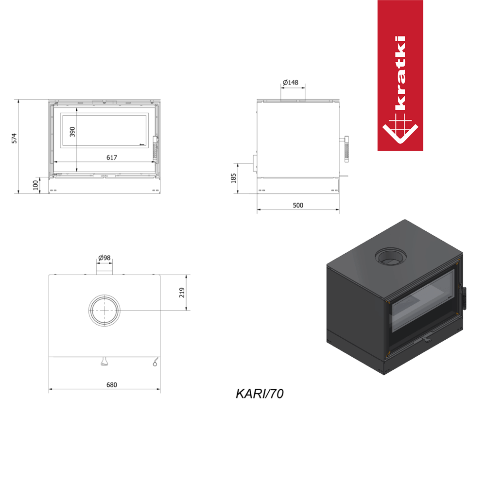 Kaminofen aus Stahl KRATKI KARI 70 Ø 150 8 kW schwarz Verkleidung