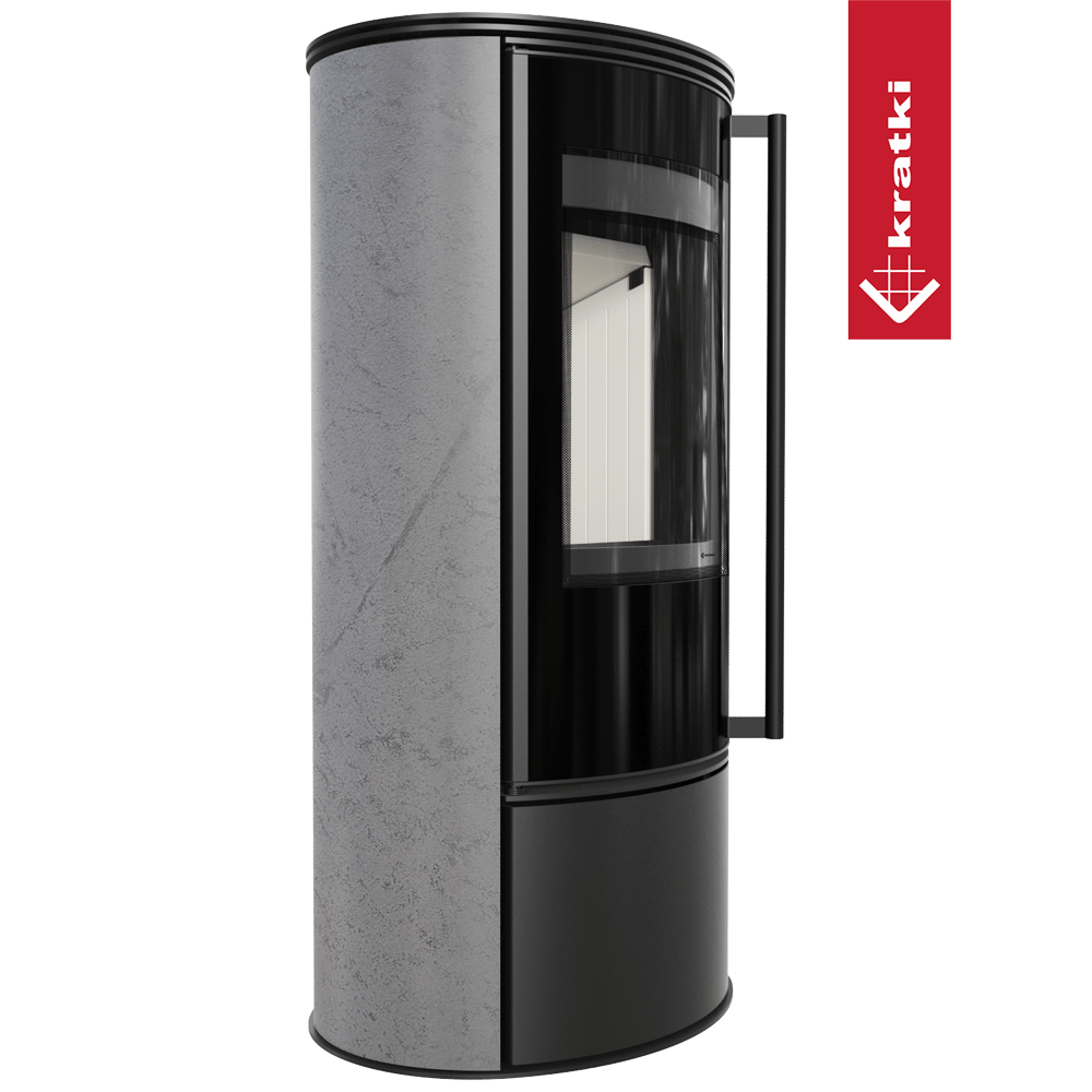 Kaminofen aus Stahl KRATKI ERIK Ø 150 5,5 kW dekorative Keramiken GRAY SATIN