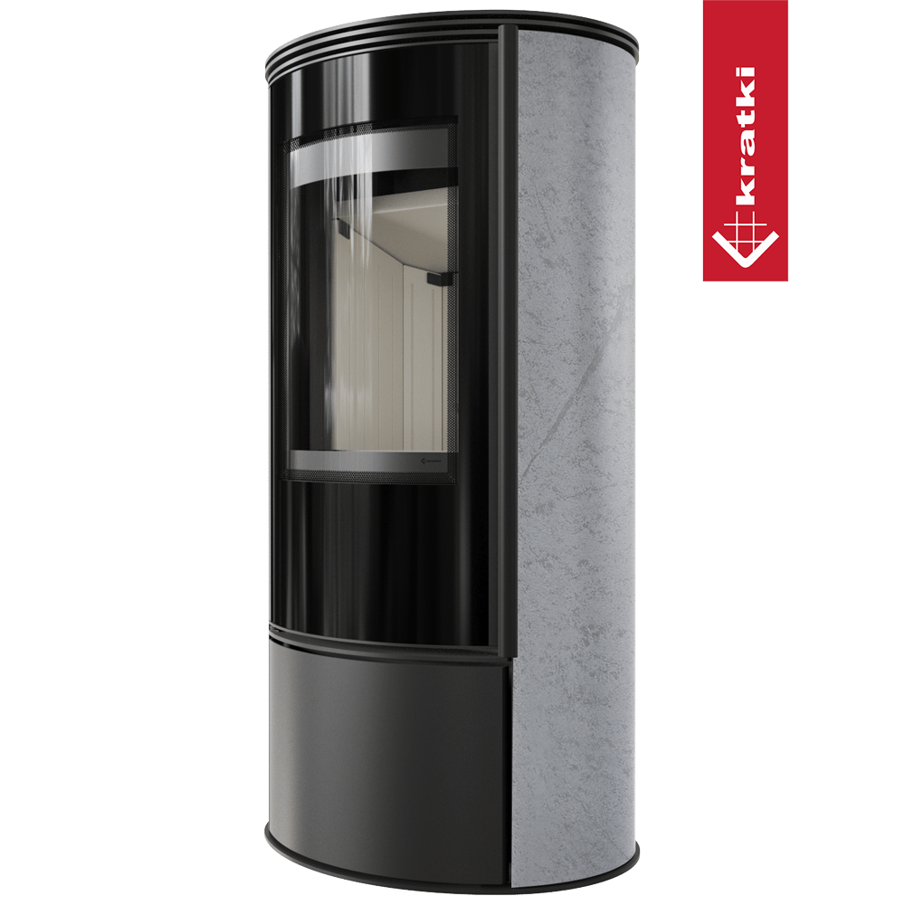 Kaminofen aus Stahl KRATKI ERIK Ø 150 5,5 kW dekorative Keramiken GRAY SATIN