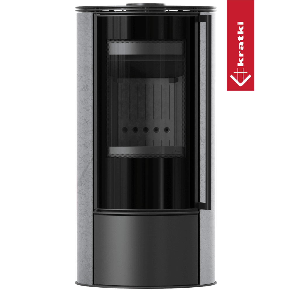 Kaminofen aus Stahl KRATKI ERIK Ø 150 5,5 kW dekorative Keramiken GRAY SATIN schwarz Verkleidung