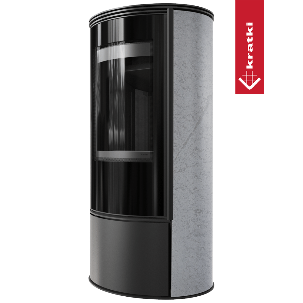 Kaminofen aus Stahl KRATKI ERIK Ø 150 5,5 kW dekorative Keramiken GRAY SATIN schwarz Verkleidung