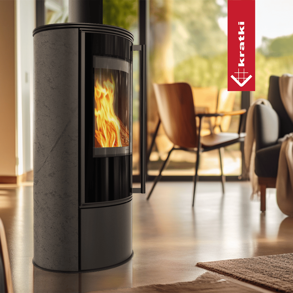 Kaminofen aus Stahl KRATKI ERIK Ø 150 5,5 kW dekorative Keramiken GRAFITE SATIN schwarz Verkleidung
