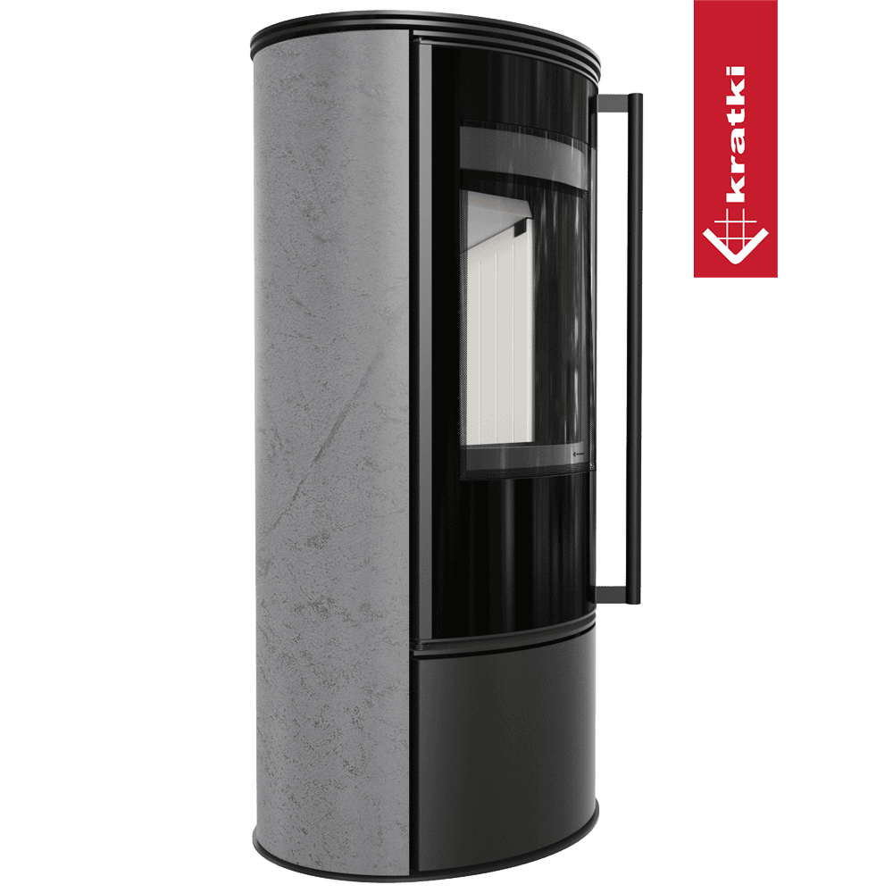 Kaminofen aus Stahl KRATKI ERIK Ø 150 5,5 kW dekorative Keramiken GRAY SATIN mit Türfeder