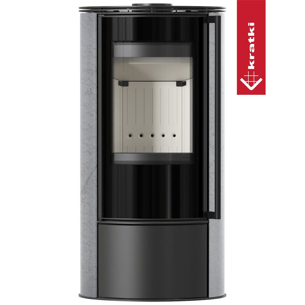 Kaminofen aus Stahl KRATKI ERIK Ø 150 5,5 kW dekorative Keramiken GRAY SATIN mit Türfeder