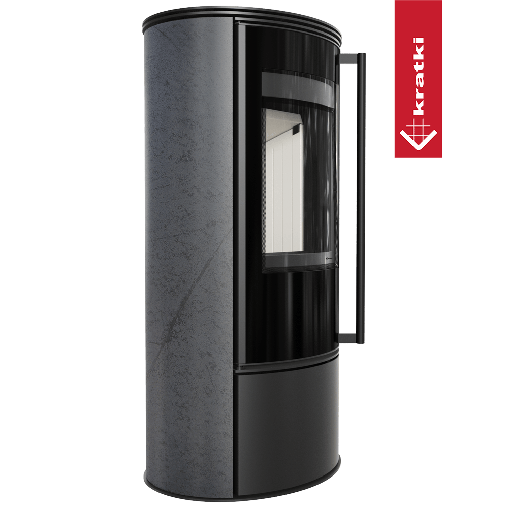 Kaminofen aus Stahl KRATKI ERIK Ø 150 5,5 kW dekorative Keramiken GRAFITE SATIN mit Türfeder