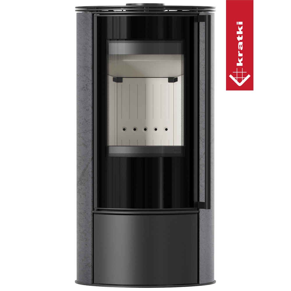 Kaminofen aus Stahl KRATKI ERIK Ø 150 5,5 kW dekorative Keramiken GRAFITE SATIN mit Türfeder