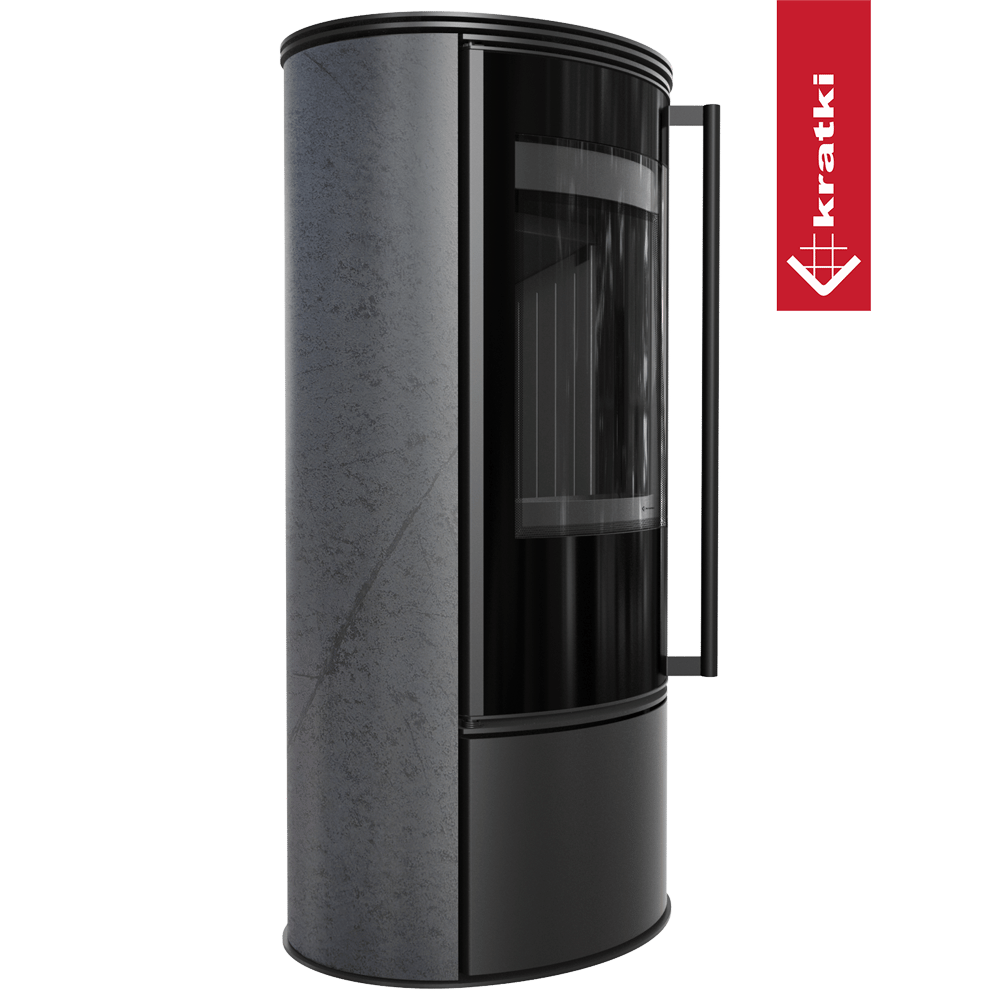 Kaminofen aus Stahl KRATKI ERIK Ø 150 5,5 kW dekorative Keramiken GRAFITE SATIN schwarz Verkleidung mit Türfeder
