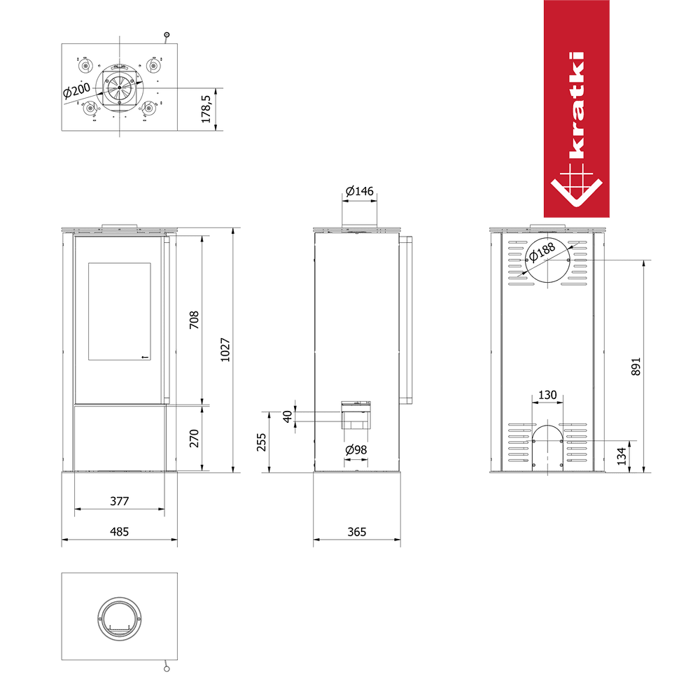 Kaminofen aus Stahl KRATKI HATI Ø 150 5,5 kW schwarz Verkleidung