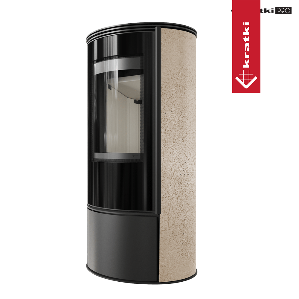Kaminofen aus Stahl KRATKI ERIK Ø 150 5,5 kW dekorative Keramiken GOLD SATIN mit Türfeder