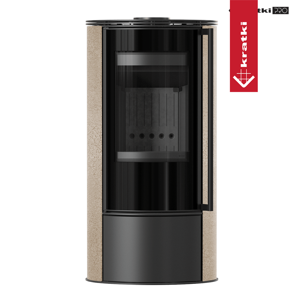 Kaminofen aus Stahl KRATKI ERIK Ø 150 5,5 kW dekorative Keramiken GOLD SATIN schwarz Verkleidung mit Türfeder