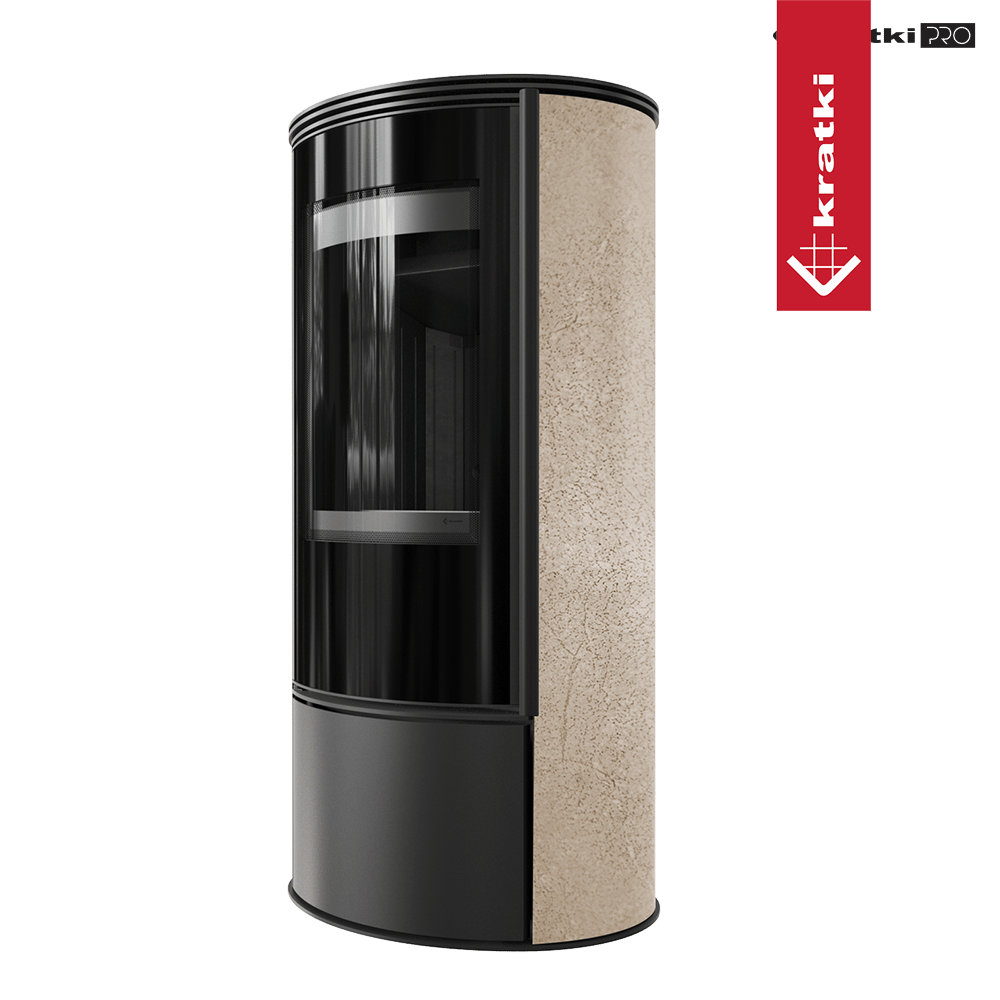 Kaminofen aus Stahl KRATKI ERIK Ø 150 5,5 kW dekorative Keramiken GOLD SATIN schwarz Verkleidung mit Türfeder