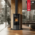 Kaminofen aus Stahl KRATKI ERIK Ø 150 5,5 kW dekorative Keramiken GOLD SATIN schwarz Verkleidung mit Türfeder